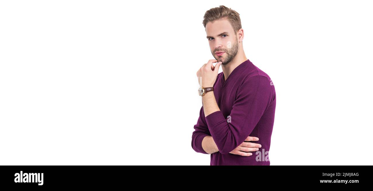 Per barba o non per barba. L'uomo bello tocca il mento non rasato. Ritratto del volto uomo, banner con spazio per la copia. Foto Stock