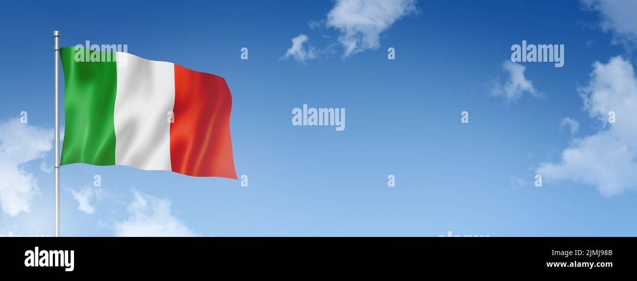 Bandiera italiana isolata su un cielo blu. Banner orizzontale Foto Stock