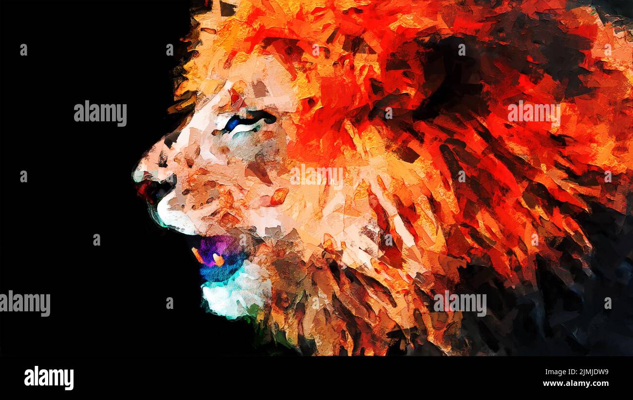 Ritratto astratto dipinto in digitale di un leone africano maschio isolato su sfondo nero Foto Stock