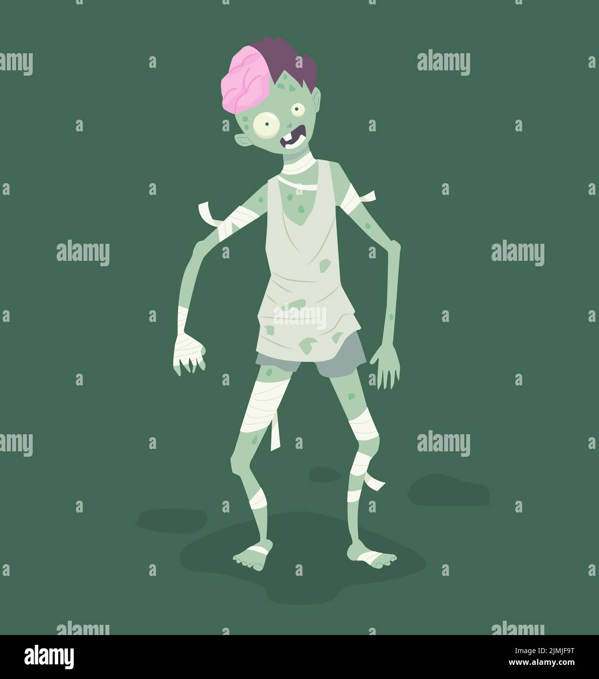 Zombie verde con cervello e bendaggio esposti, personaggio fantasy isolato. Illustrazione Vettoriale