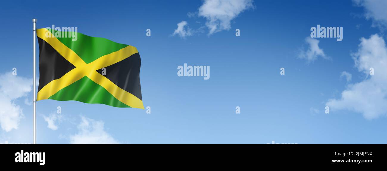 Bandiera Giamaica, rappresentazione tridimensionale, isolata su un cielo blu. Banner orizzontale. 3D illustrazione Foto Stock