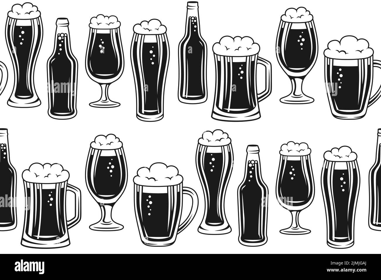 Bottiglia di birra e vetro senza cuciture. Tazza retrò monocromatica incisa, bottiglia di vetro. Senza limiti ornamento per birreria, bar pub. Oktoberfest birra festival incisione design, stampa ripetuta carta da parati disegno Illustrazione Vettoriale