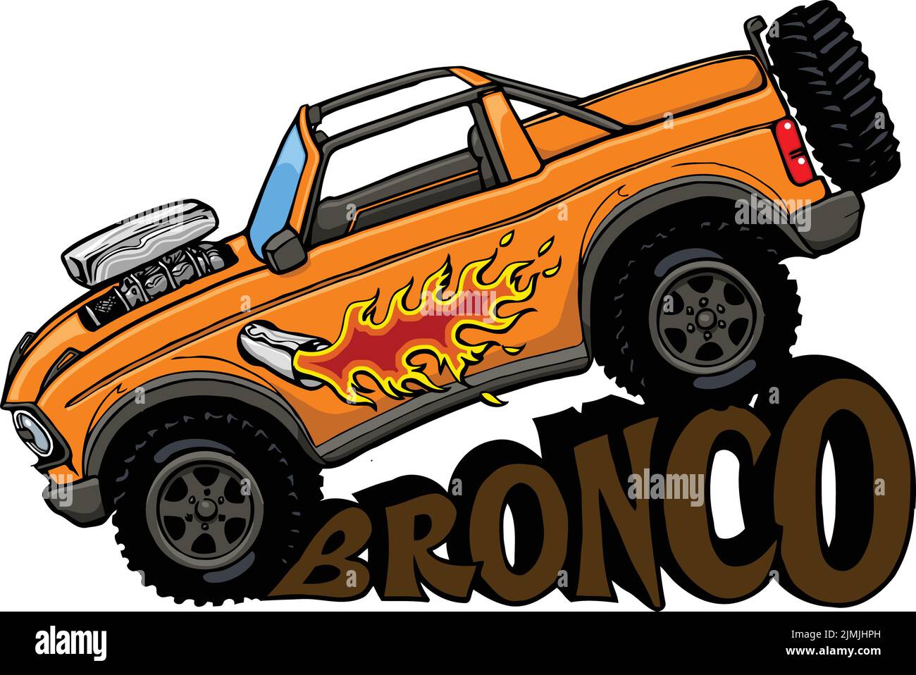 Questa illustrazione presenta un suv 4x4 che scende lungo una collina che legge il bronco. Illustrazione Vettoriale