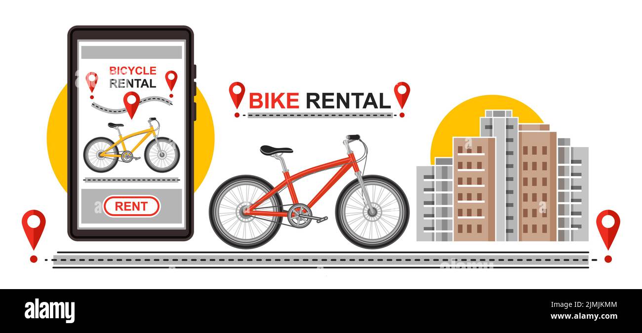 Servizio di noleggio biciclette, app pubblica per la condivisione delle biciclette. Parcheggio ciclabile, stazione di noleggio. Gita in bicicletta. Noleggio di mezzi di trasporto urbano. Tracciamento del percorso ciclabile. Vettore Illustrazione Vettoriale