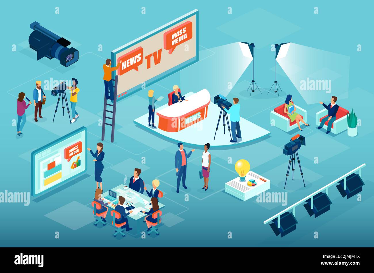 Processo di produzione di mass media e gestione aziendale con giornalisti che preparano materiale informativo, operatori e intervistatori e dirigenti aziendali di Illustrazione Vettoriale