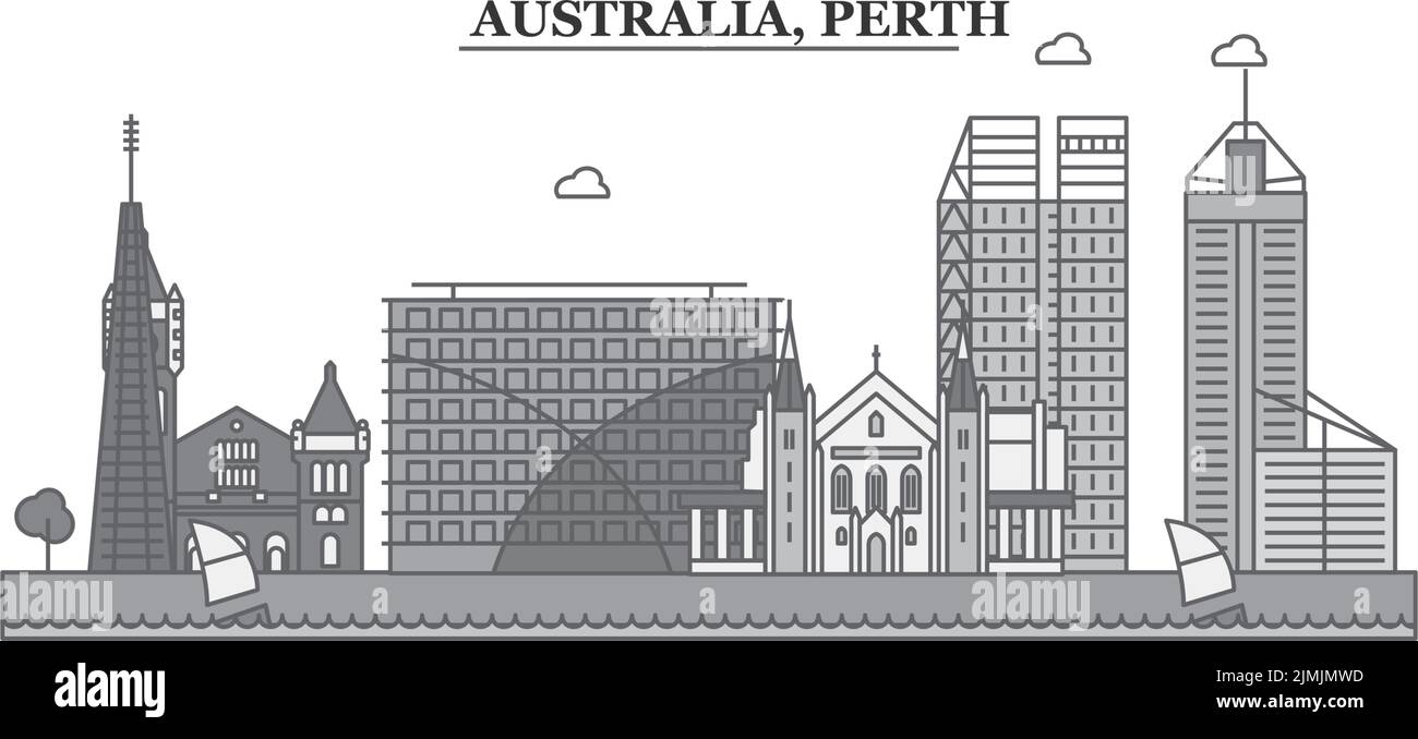 Australia, Perth città skyline isolato vettore illustrazione, icone Illustrazione Vettoriale