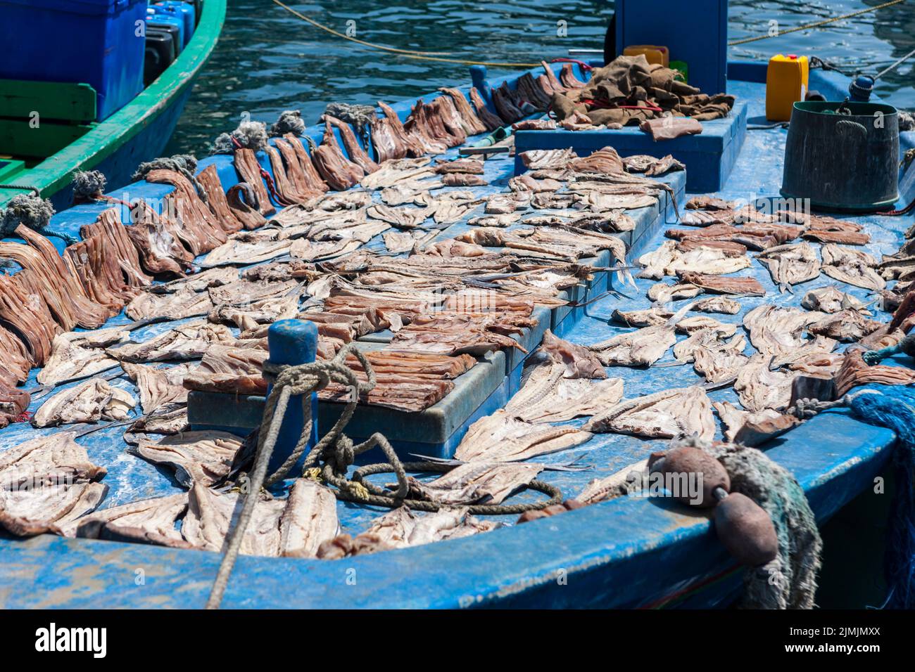 Gettrockneter Fisch auf Fischerbooten im Hafen der Malediven Foto Stock