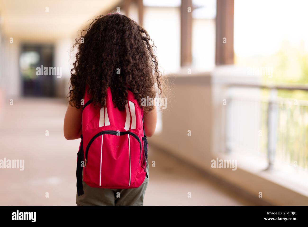 Vista posteriore della studentessa biraciale elementare con zaino che cammina in corridoio a scuola Foto Stock