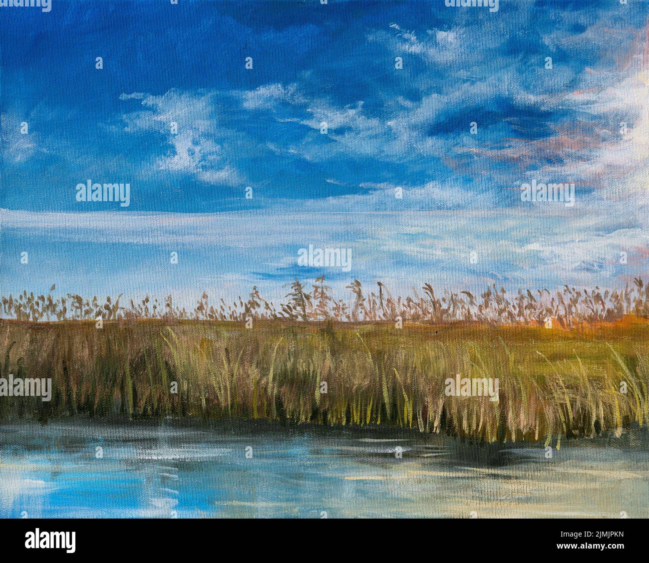 Dipinto ad olio di un caldo paesaggio rurale estivo di giorno nel Delta del Danubio. Alberi, canne e cielo si riflettono nell'acqua. Foto Stock