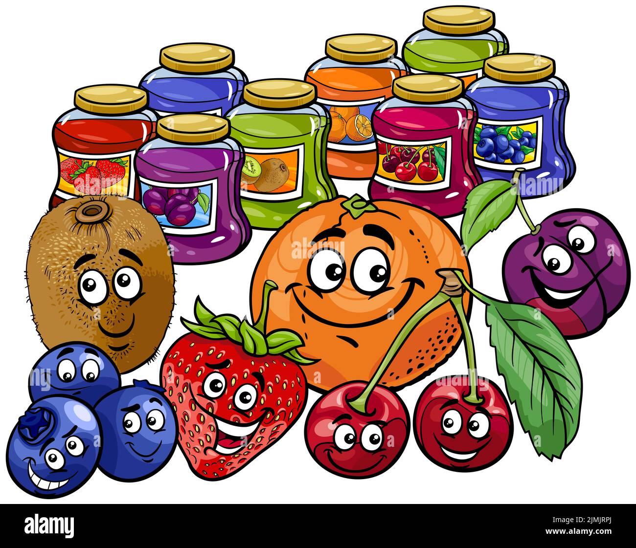 Divertente cartone animato frutta e marmellate in vasetti set Foto Stock
