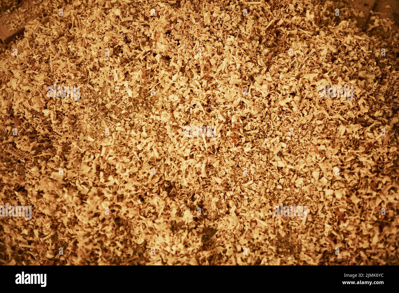 Trucioli di legno sono usati spesso per pacciamatura ed assestamento animale. Graniglia ad angolo elevato di trucioli di legno sul pavimento all'interno di un'officina di carpenteria. Foto Stock