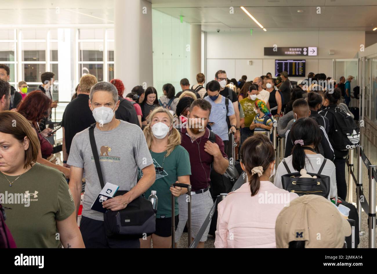 Linea densa per la sicurezza dell'aeroporto di trasferimento interno, aeroporto di Seattle, Washington Sate, USA Foto Stock