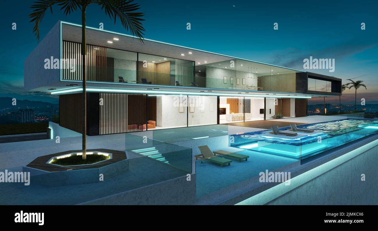 Villa di lusso dal design esterno con splendida piscina a sfioro Foto Stock