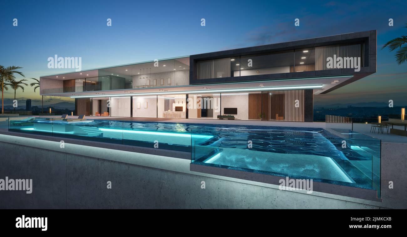 Villa di lusso dal design esterno con splendida piscina a sfioro Foto Stock