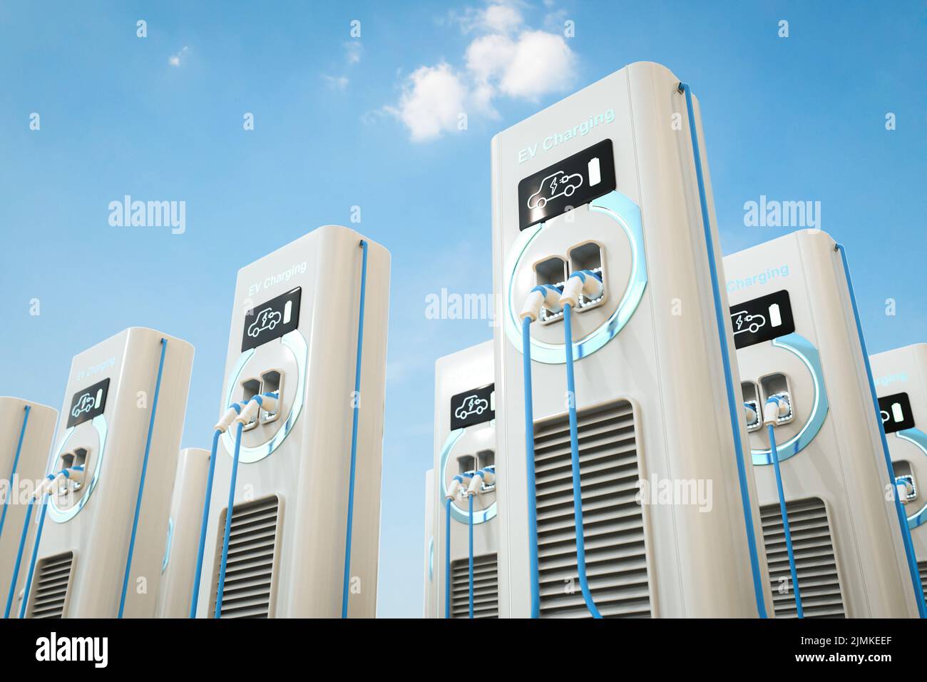 3D Gruppo di rappresentazione di stazioni di ricarica per veicoli elettrici o stazioni di ricarica per veicoli elettrici con sfondo blu cielo Foto Stock