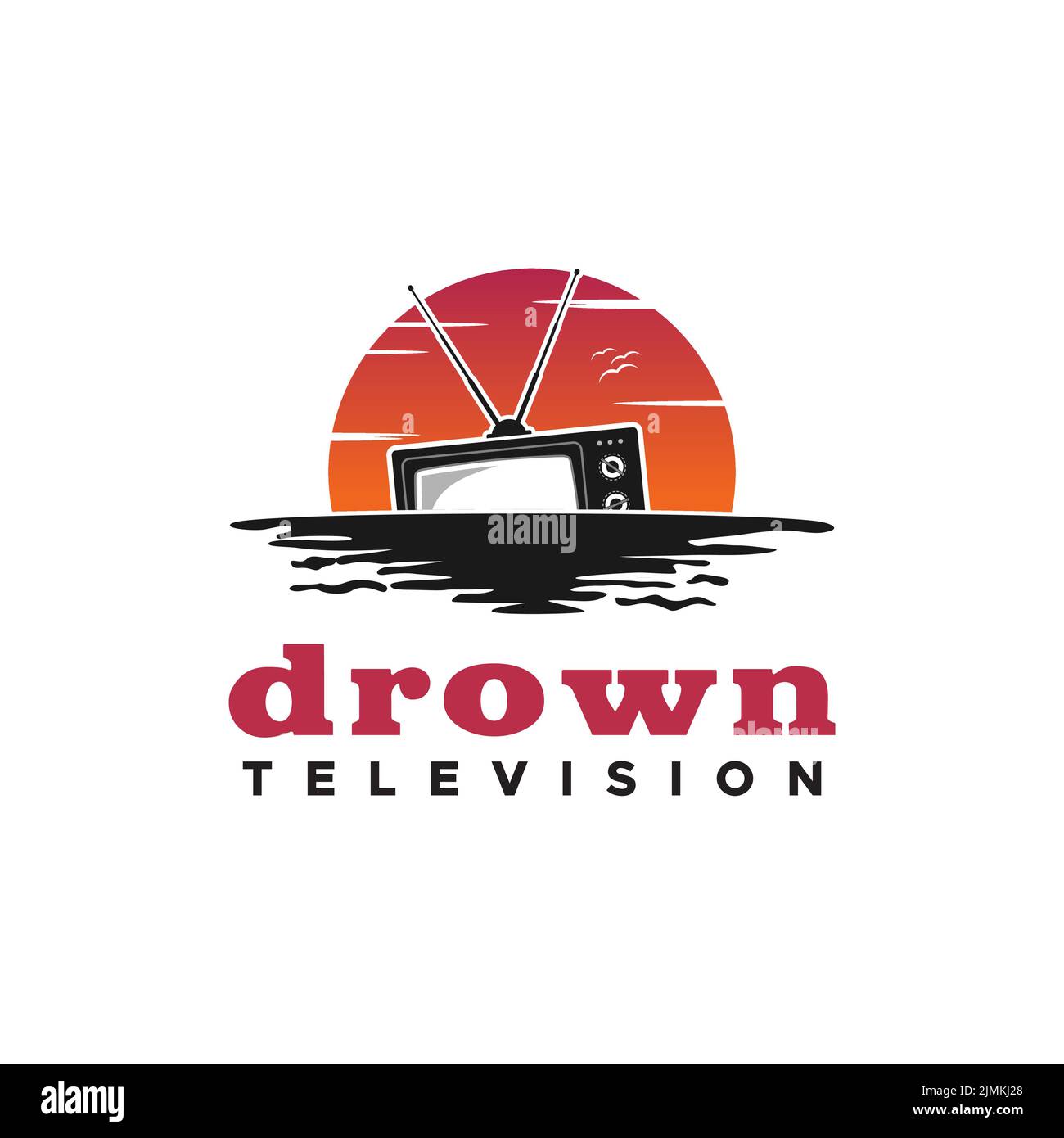 TV Sink annegato al tramonto nel mare per la produzione cinematografica Televisione Haters Logo Design Illustrazione Vettoriale
