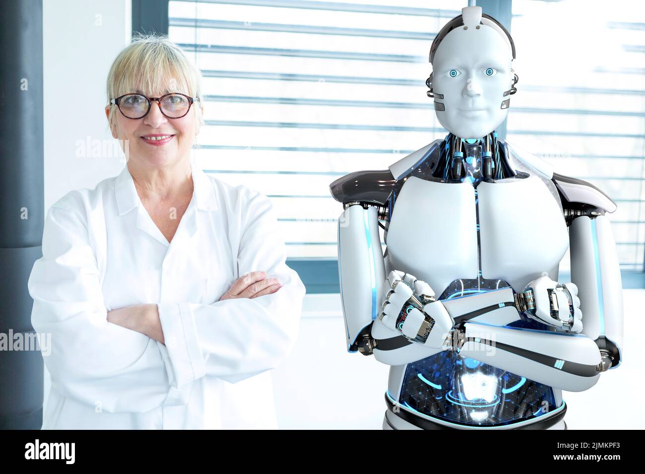 Scienziato e robot umanoide lavorano insieme Foto Stock