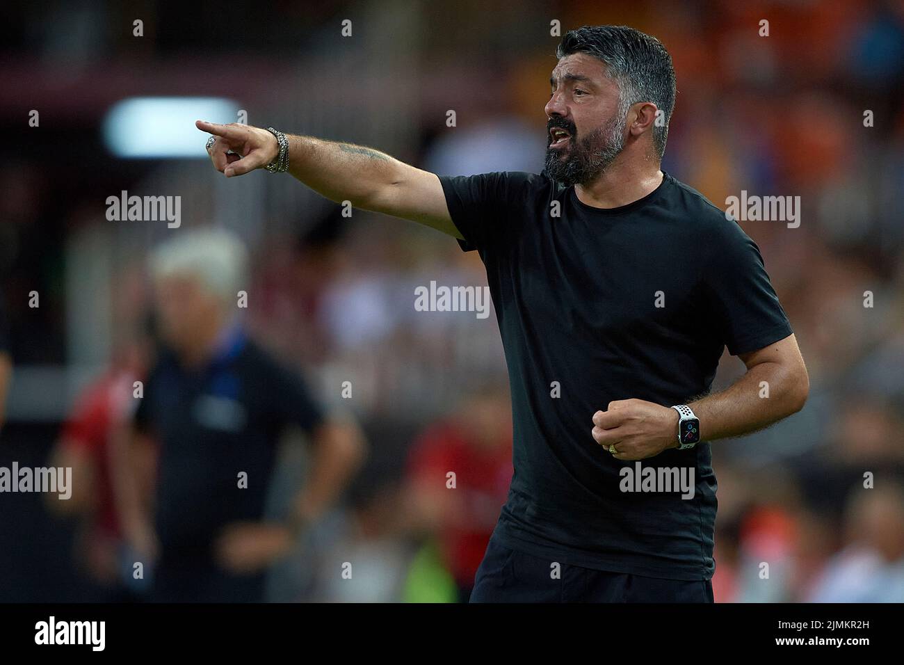 Valencia, Spagna. 6th ago 2022. Gennaro Gattuso, allenatore di Valencia, istruisce i giocatori durante la partita del Trofeo arancione tra Valencia CF di Spagna e Atalanta d'Italia a Valencia, Spagna, il 6 agosto 2022. Credit: Pablo Morano/Xinhua/Alamy Live News Foto Stock