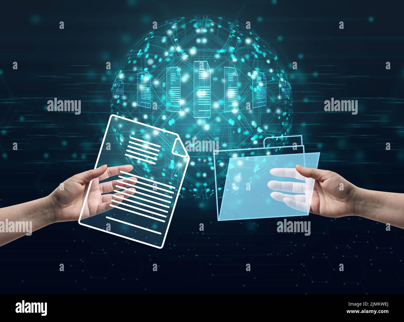 La mano contiene file e cartelle virtuali. Il concetto di scambio rapido di informazioni, tecnologia senza carta. Business globale senza bur Foto Stock