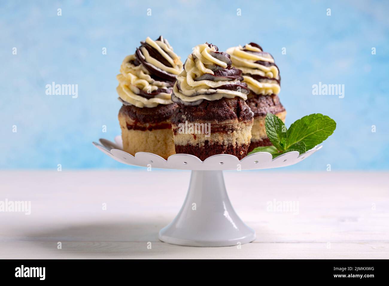 Cupcake al cioccolato e alla vaniglia con crema di burro. Foto Stock