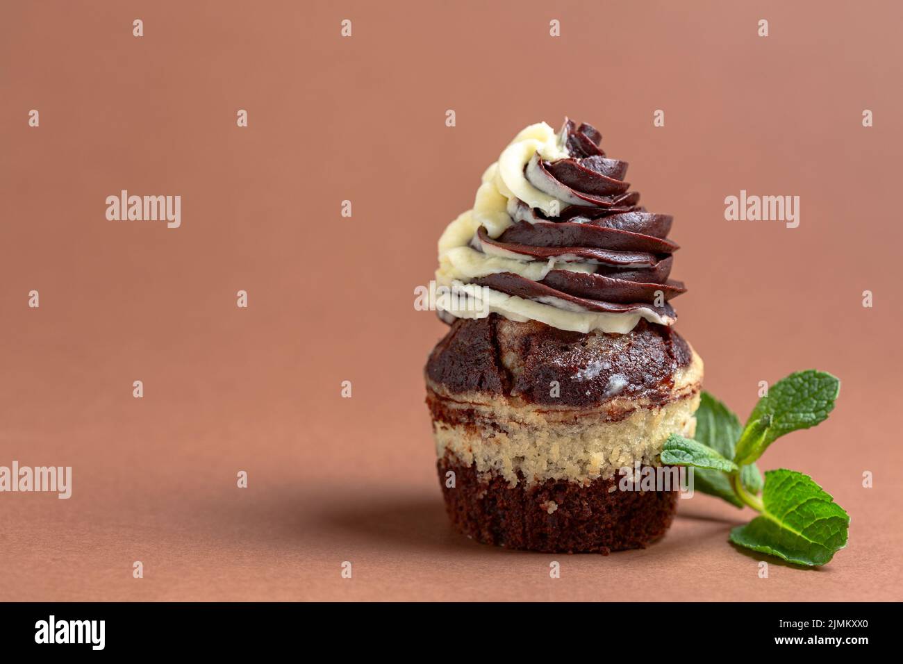 Cupcake di marmo con crema alla vaniglia al cioccolato. Foto Stock