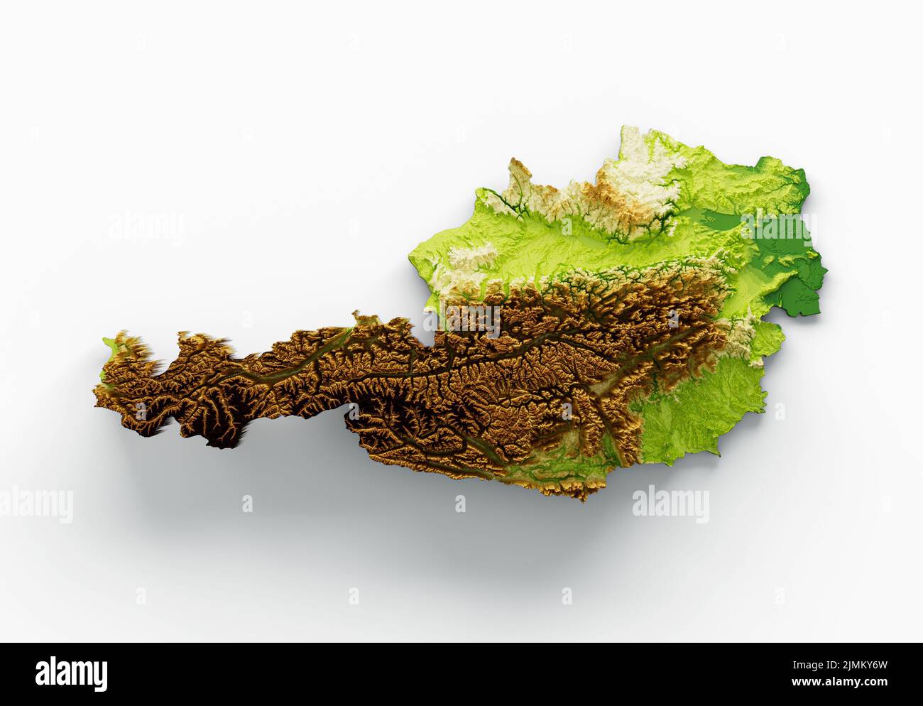 Un'illustrazione 3D della mappa Autsria con rilievo ombreggiato su sfondo bianco Foto Stock
