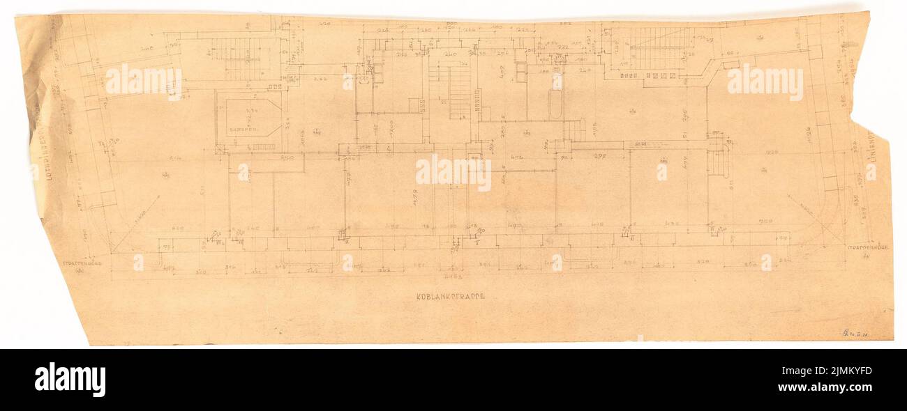 Poelzig Hans (1869-1936), riprogettazione dell'area intorno a Bülowplatz (Scheunenviertel) a Berlino (26 marzo 1928): Grundriss ad es. Koblankstraße. Rottura leggera sulla carta, 39,1 x 101,5 cm (inclusi i bordi di scansione) Foto Stock