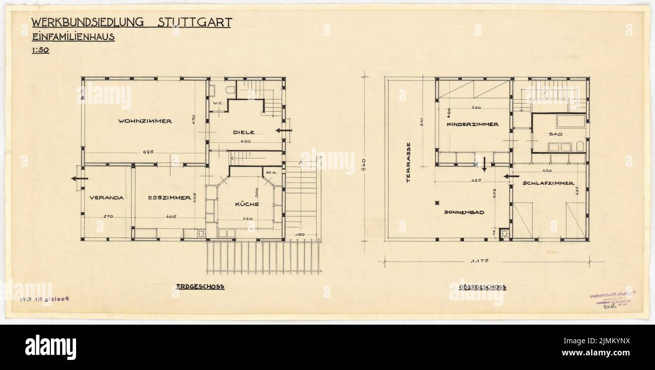 Poelzig Hans (1869-1936), mostra Werkbund Stoccarda-Weißenhof. Casa singola C 7 (1927): Grundrisse EG e OG 1:50. Inchiostro e matita su trasparente, 37 x 74,7 cm (inclusi i bordi di scansione) Foto Stock