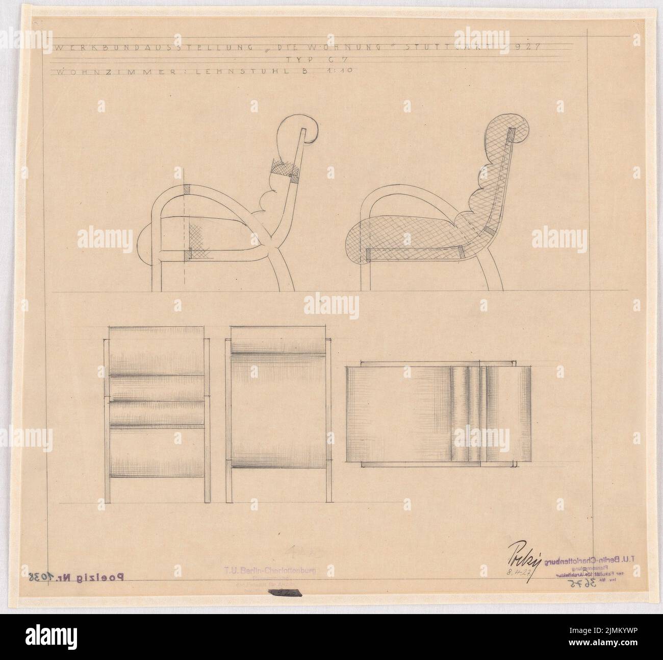 Poelzig Hans (1869-1936), mostra Werkbund Stoccarda-Weißenhof. Casa singola C 7 (08/08/1927): Soggiorno, Lehnstuhl B 1:10. Matita su trasparente, 35,4 x 38,3 cm (inclusi i bordi di scansione) Foto Stock