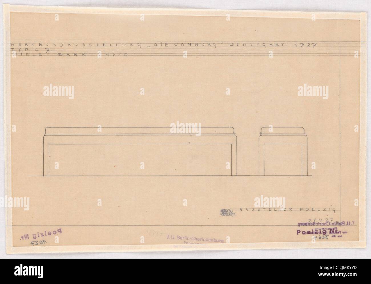 Poelzig Hans (1869-1936), mostra Werkbund Stoccarda-Weißenhof. Casa singola tipo C 7 (28.04.1927): Diele, banca 1:10. Matita su trasparente, 24 x 34,5 cm (inclusi i bordi di scansione) Foto Stock