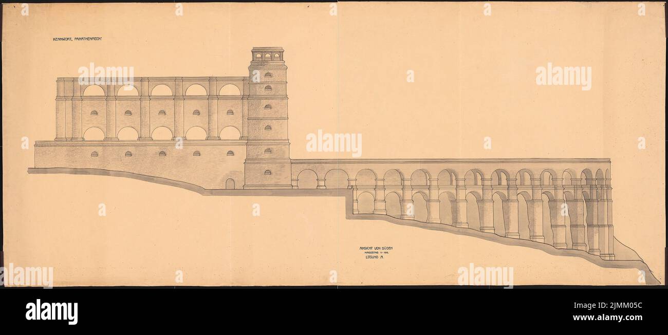 Poelzig Hans (1869-1936), monumento Bismarck sul Elisenhöhe, Bingen (1910): Vista del sud 1: 100. Inchiostro e matita su cartone, 94,9 x 219,3 cm (inclusi i bordi di scansione) Foto Stock