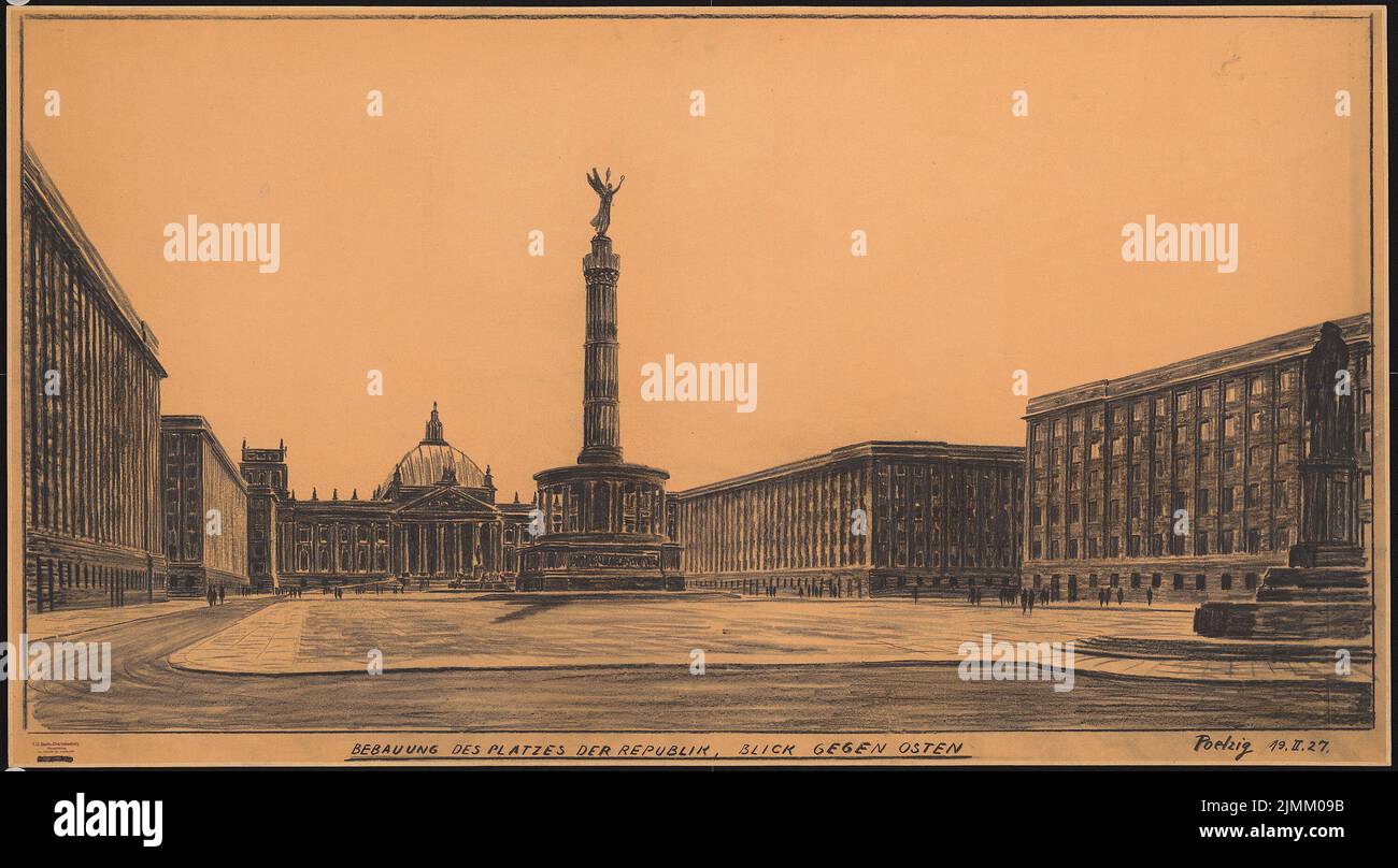 Poelzig Hans (1869-1936), Piazza della Repubblica, Berlino. Redesign (19 febbraio 1927): 1. Design, vista prospettica a est. Carbone su trasparente, 88,6 x 160,5 cm (inclusi i bordi di scansione) Foto Stock