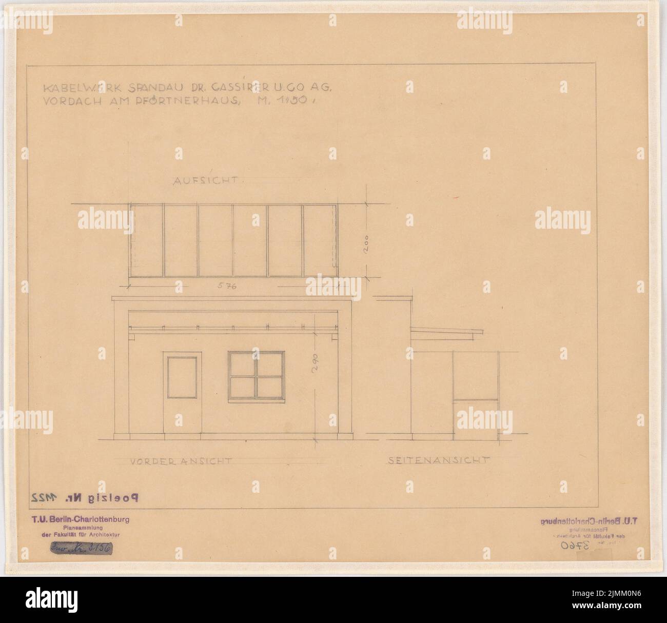 Poelzig Hans (1869-1936), Kabelwerk Dr. Cassirer, Berlino-Spandau (1928-1929): portiere, supervisione, vista frontale e vista laterale del baldacchino 1:50. Matita su trasparente, 31,4 x 36,3 cm (inclusi i bordi di scansione) Foto Stock