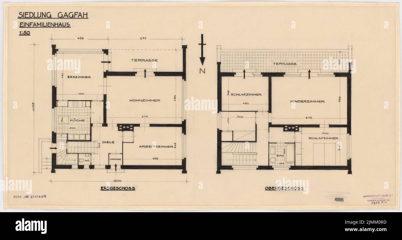 Poelzig Hans (1869-1936), insediamento di Gagfah nel Fischtalgrund, Berlino (1928): Casa singola, pianta EG e OG 1:50. Matita e inchiostro su trasparente, 37,8 x 71,5 cm (inclusi i bordi di scansione) Foto Stock