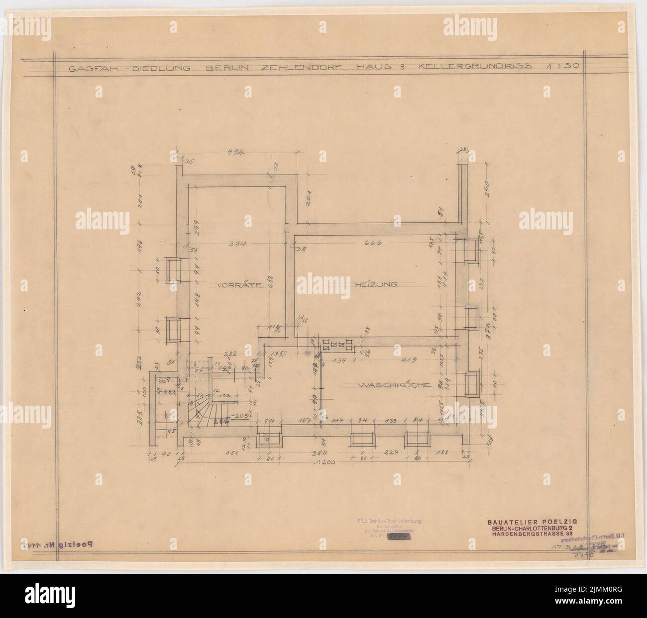 Poelzig Hans (1869-1936), insediamento di Gagfah nel Fischtalgrund, Berlino (17 marzo 1928): Casa 8, piano KG 1:50. Matita su trasparente, 47,1 x 53 cm (inclusi i bordi di scansione) Foto Stock