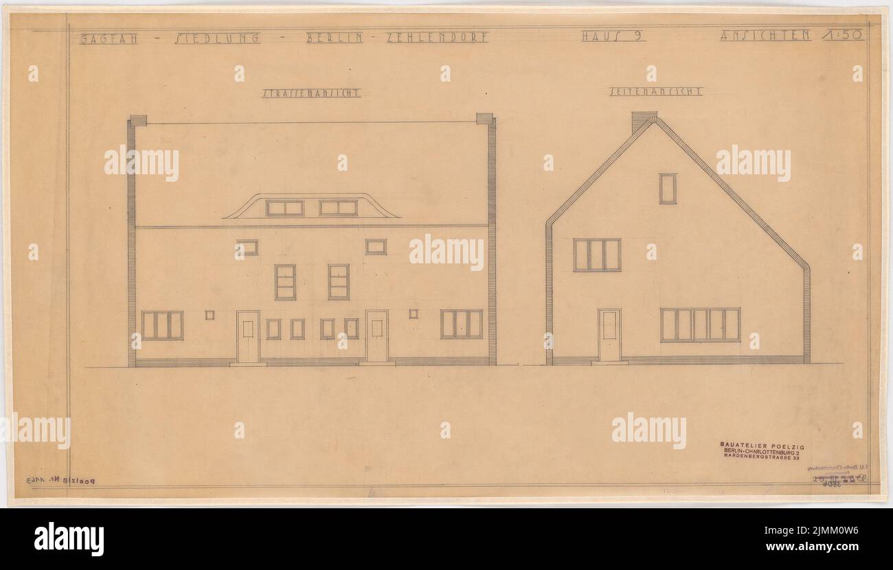 Poelzig Hans (1869-1936), insediamento di Gagfah nel Fischtalgrund, Berlino (26 marzo 1928): Casa 9, strada e vista laterale 1:50. Matita su trasparente, 44,2 x 77,6 cm (inclusi i bordi di scansione) Foto Stock