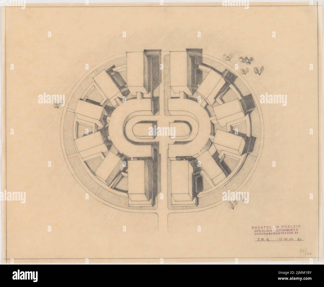 Poelzig Hans (1869-1936), studio del suono, Berlin-Gatow (13 ottobre 1930): Isometria dell'intero sistema. Matita su trasparente, 39,7 x 48,6 cm (inclusi i bordi di scansione) Foto Stock