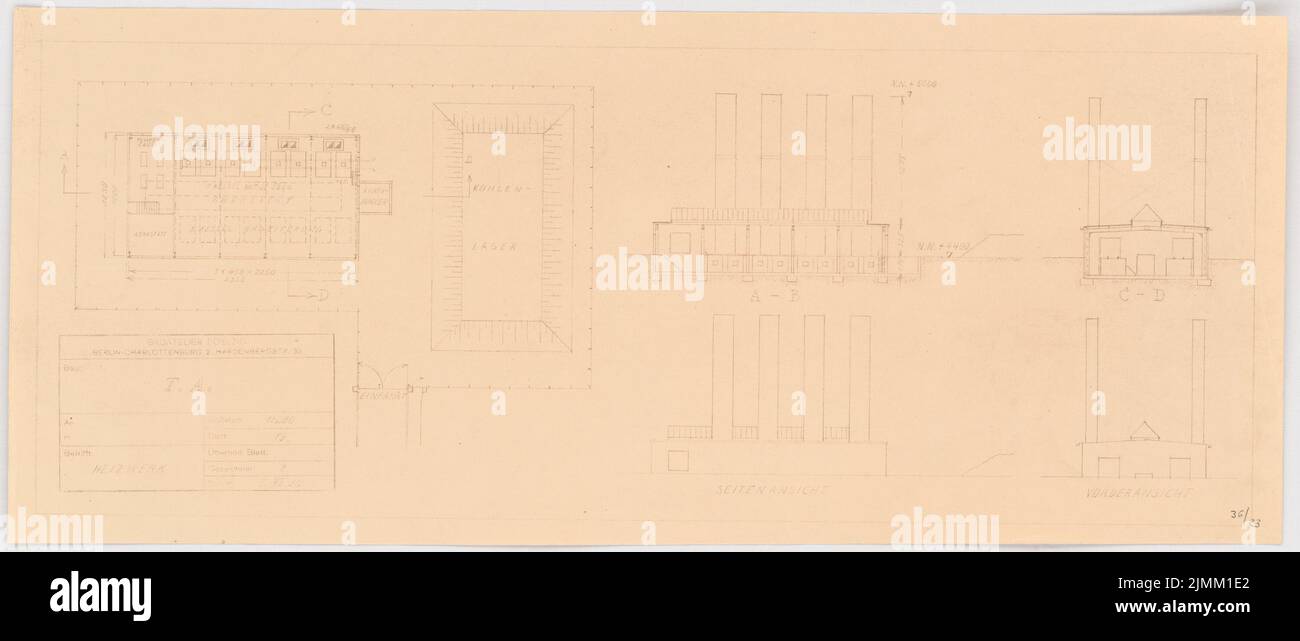 Poelzig Hans (1869-1936), Tonfilmatelier, Berlino-Gatow (5 novembre 1930): Heizwerk: Vista frontale, vista laterale, taglio e pianta 1: 200. Rottura leggera sulla carta, 27,2 x 64,1 cm (inclusi i bordi di scansione) Foto Stock