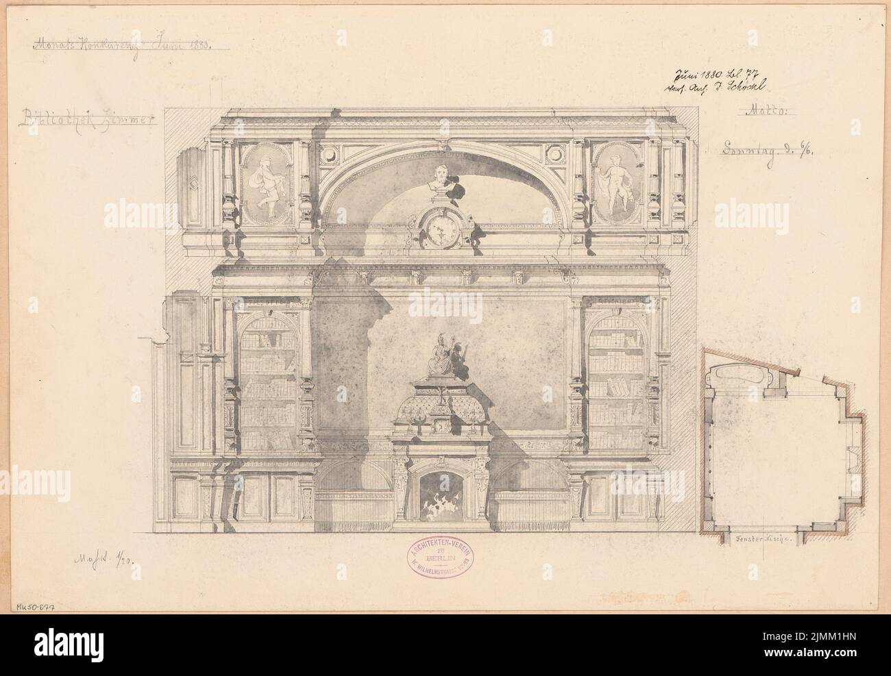 Schöckl Ignaz (1855-1928), sala biblioteca. Concorso mensile 1880 giugno (06,1880): Camino RISS con sezione trasversale delle finestre 1:20. Acquerello a matita sulla scatola, 34,3 x 49,8 cm (inclusi i bordi di scansione) Foto Stock