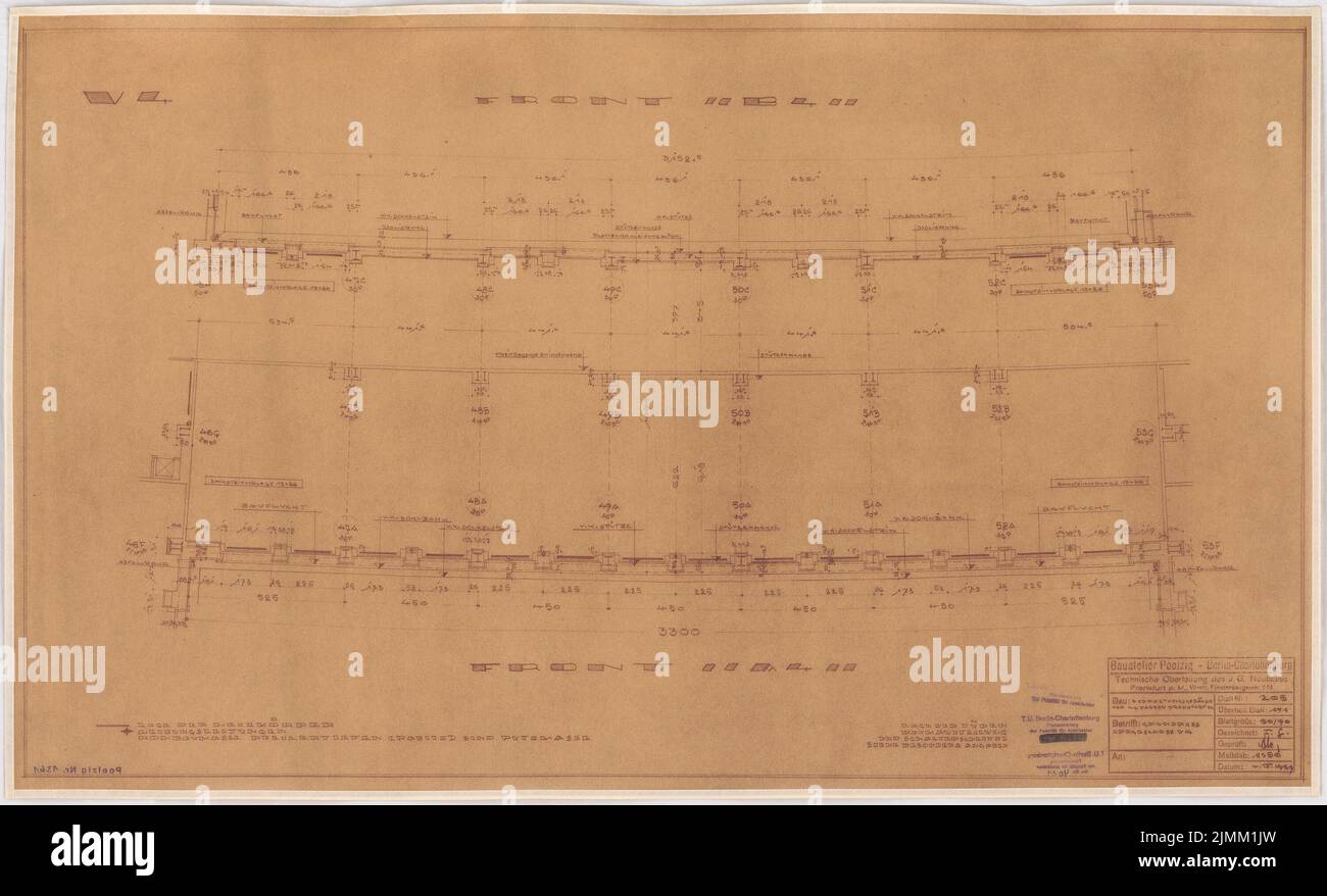 Poelzig Hans (1869-1936), I.G.-Colors a Francoforte sul meno. Edificio amministrativo (04.09.1929): Ala di collegamento V 4: Piano terra piano 1:50 (copia di Inv.No. 4010). Rottura della luce su trasparente, 54,8 x 90,3 cm (inclusi i bordi di scansione) Foto Stock