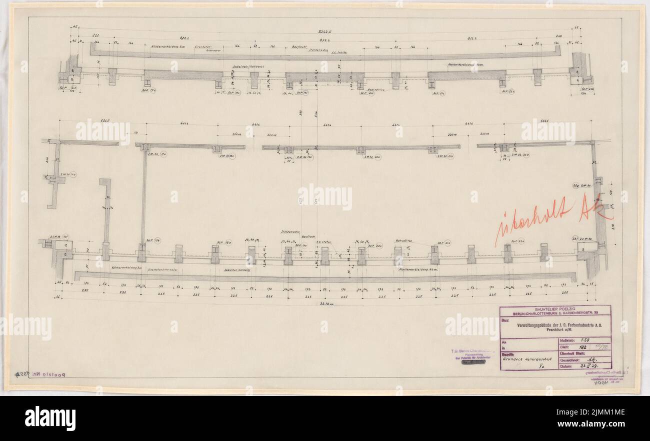 Poelzig Hans (1869-1936), I.G.-Colors a Francoforte sul meno. Edificio amministrativo (23 aprile 1929): Raccordo ala V 2: Grundriss Keller 1:50. Matita su trasparente, 48,6 x 79,8 cm (inclusi i bordi di scansione) Foto Stock