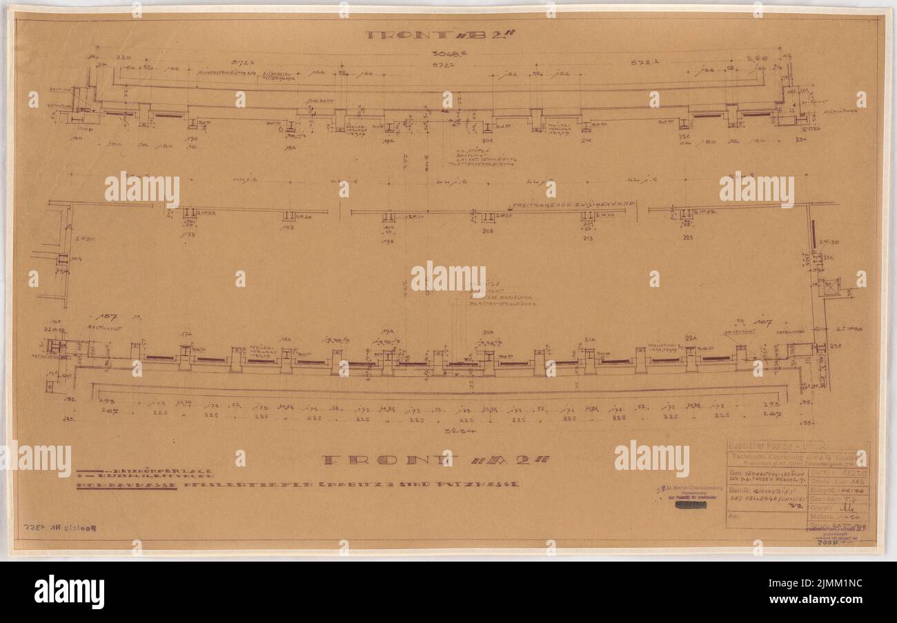 Poelzig Hans (1869-1936), I.G.-Colors a Francoforte sul meno. Edificio amministrativo (26 agosto 1929): Collegamento ala V 2: Grundriss Keller 1:50 (copia di Inv.No. 4004). Rottura della luce su trasparente, 49,5 x 79,1 cm (inclusi i bordi di scansione) Foto Stock