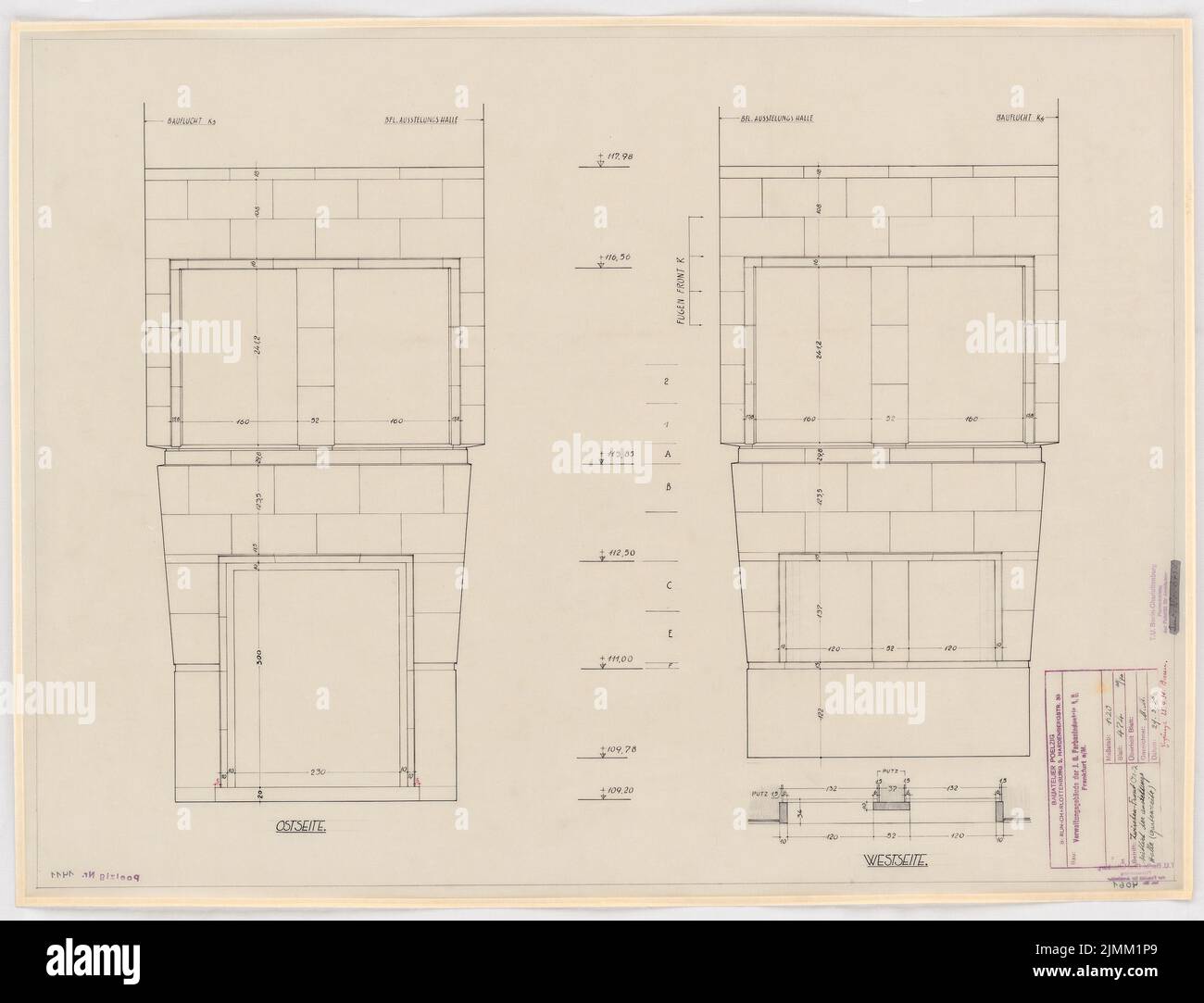 Poelzig Hans (1869-1936), I.G.-Colors a Francoforte sul meno. Edificio amministrativo (04/25/1930): RISS Visualizza sul lato del Q1-2 lato della sala espositiva 1:20. Inchiostro su trasparente, 63,7 x 83,3 cm (inclusi i bordi di scansione) Foto Stock