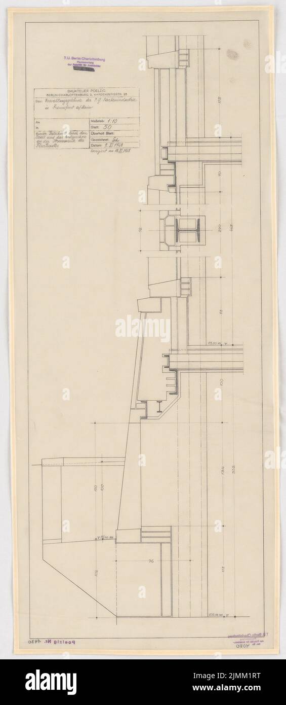 Poelzig Hans (1869-1936), I.G.-Colors a Francoforte sul meno. Edificio amministrativo (12 novembre 1928): Media parziale attraverso la base e la CE sul lato strada dell'ala di campo 1:10. Matita su trasparente, 85,1 x 37 cm (inclusi i bordi di scansione) Foto Stock