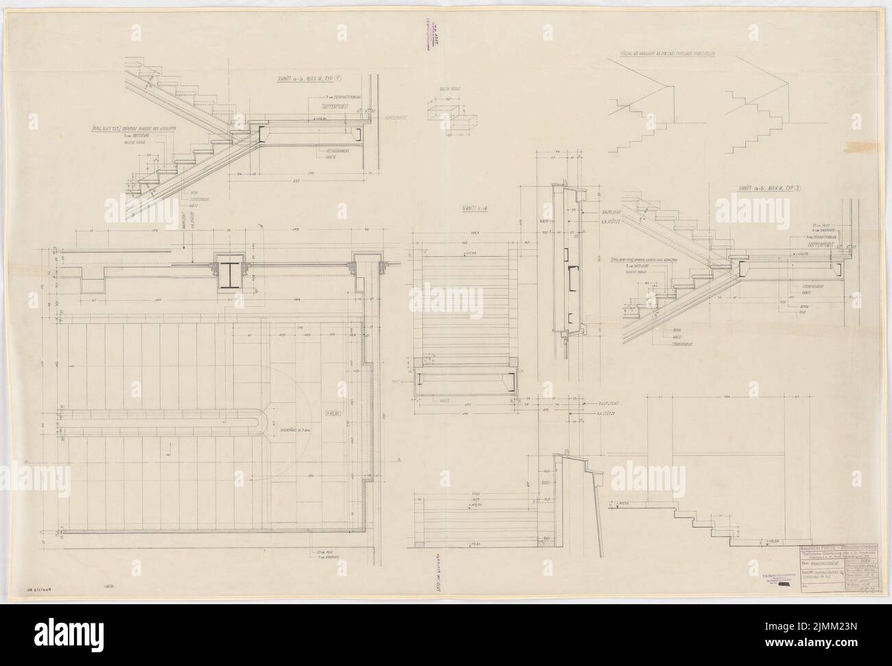 Poelzig Hans (1869-1936), I.G.-Farben, Francoforte sul meno. Edificio amministrativo: Scala in croce - ala Q6 »rifugiati per Q1«: Pianta, taglio 1:10. Matita su trasparente, 95,00 x 147,00 cm (compreso il bordo di scansione). Foto Stock