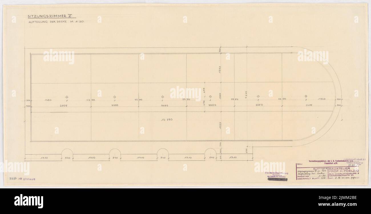 Poelzig Hans (1869-1936), I.G.-Colors a Francoforte sul meno. Edificio amministrativo (08.05.1930): Sala sessione V nell'ala a croce Q4: Divisione del soffitto 1:20. Matita su trasparente, 44,3 x 87 cm (inclusi i bordi di scansione) Foto Stock