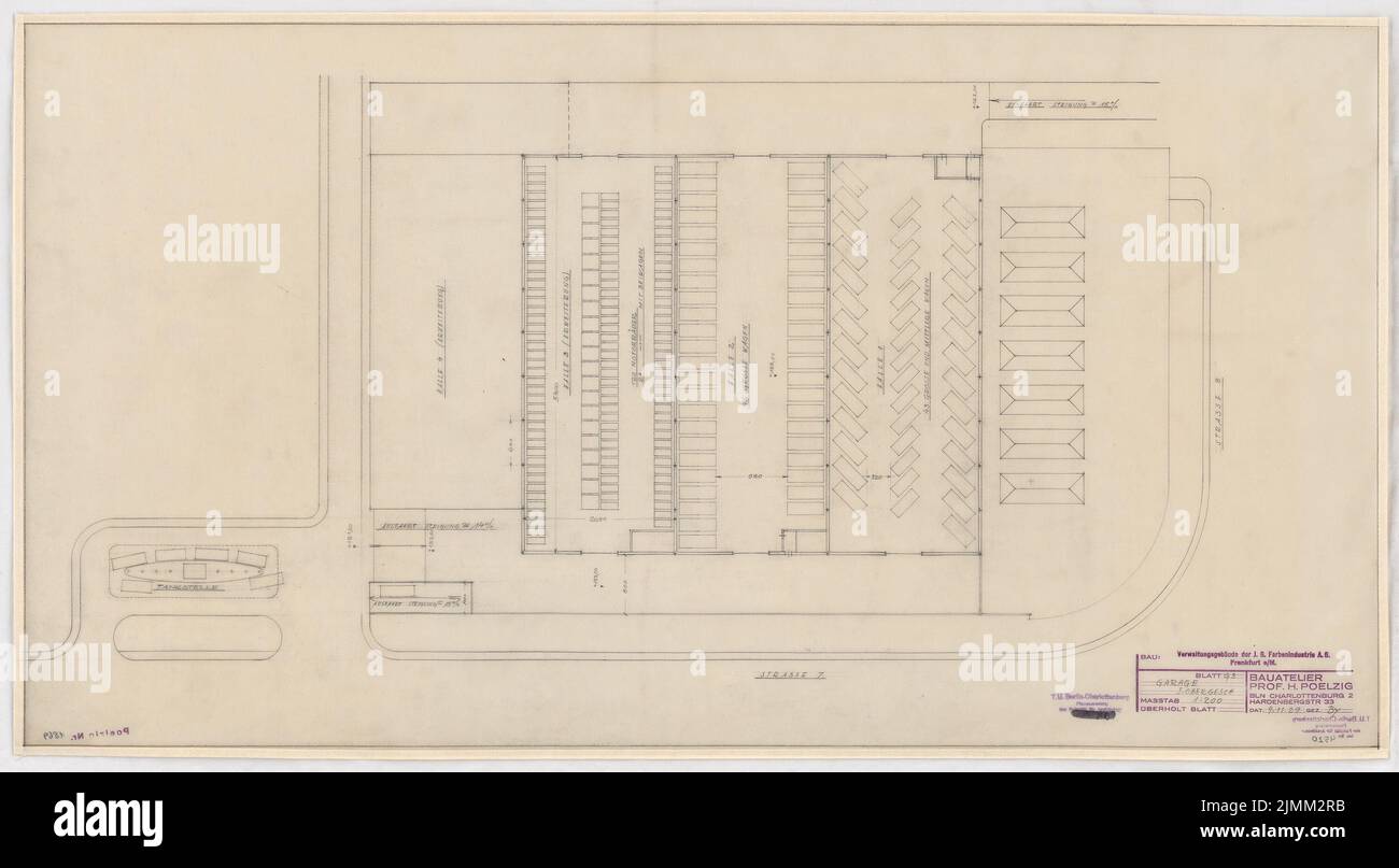 Poelzig Hans (1869-1936), I.G.-Colors a Francoforte sul meno. Edificio amministrativo (9 novembre 1929): Garage: Grundriss 1st piano 1: 200. Matita su trasparente, 52,4 x 95 cm (inclusi i bordi di scansione) Foto Stock