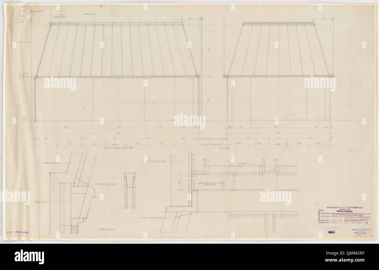 Poelzig Hans (1869-1936), I.G.-Colors a Francoforte sul meno. Edificio amministrativo (20 dicembre 1929): Edificio economico - stanza 211: Prevarian, Riss 1:20, dettaglio 1: 1. Matita su trasparente, 69,6 x 108,4 cm (inclusi i bordi di scansione) Foto Stock