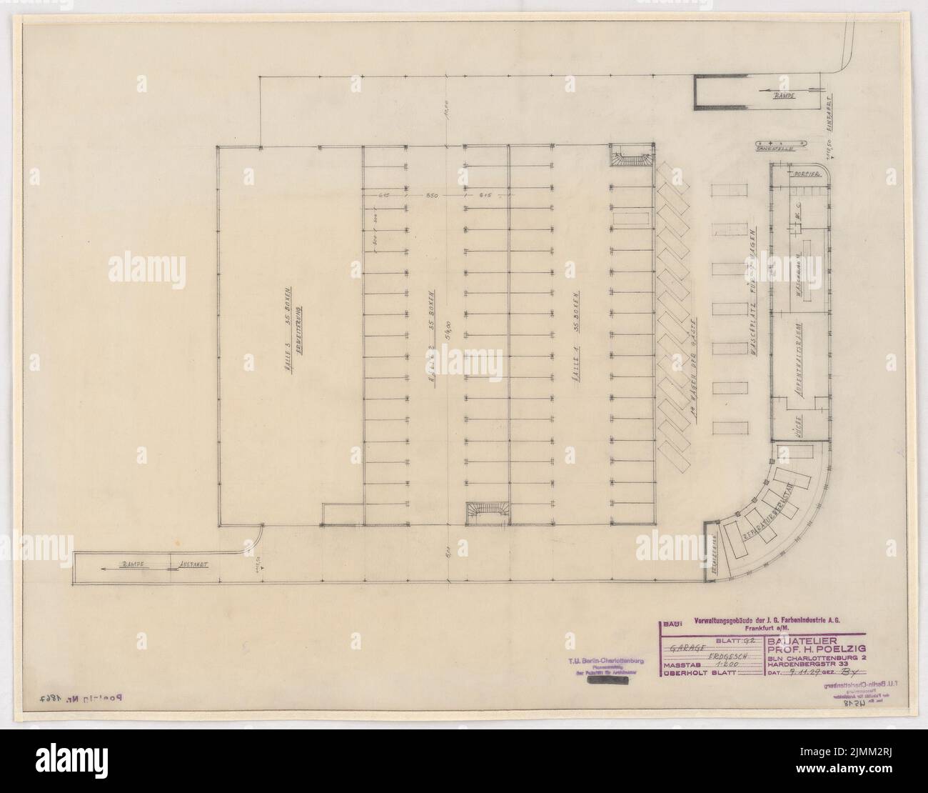 Poelzig Hans (1869-1936), I.G.-Colors a Francoforte sul meno. Edificio amministrativo (9 novembre 1929): Garage: Grundriss EG 1: 200. Matita su trasparente, 51,9 x 66,1 cm (inclusi i bordi di scansione) Foto Stock