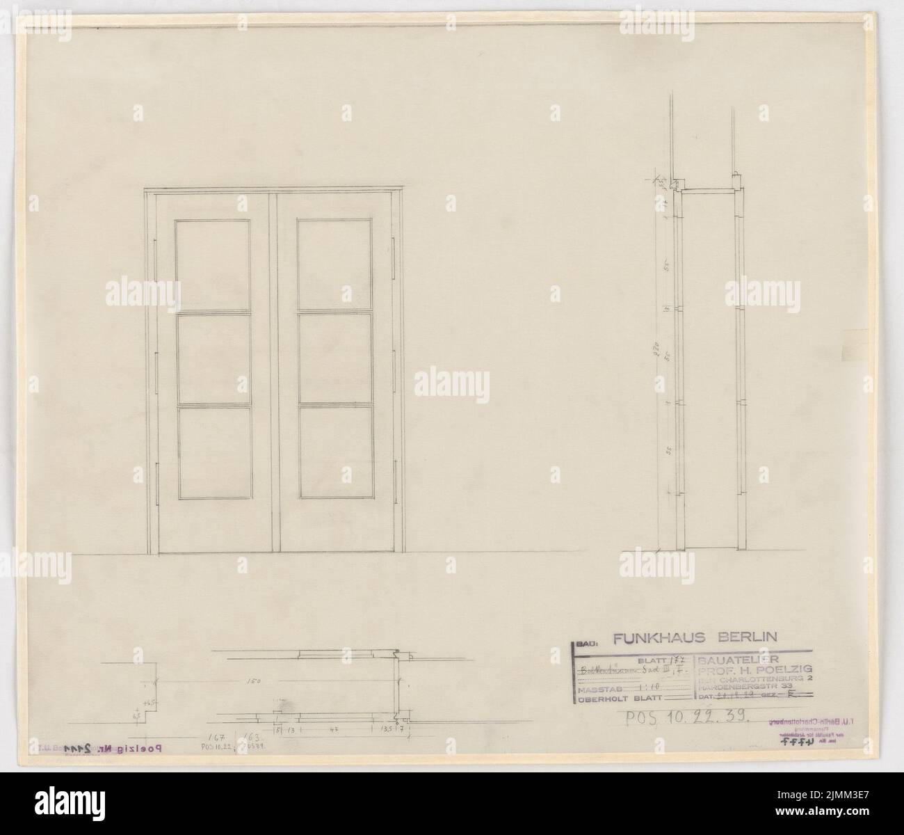 Poelzig Hans (1869-1936), Haus des Rundfunk, Berlino (20 dicembre 1929): Progetto di esecuzione, padiglione 3 e 1, porte balcone, profilo, pianta, taglio 1:10. Matita su trasparente, 47,5 x 55,7 cm (inclusi i bordi di scansione) Foto Stock